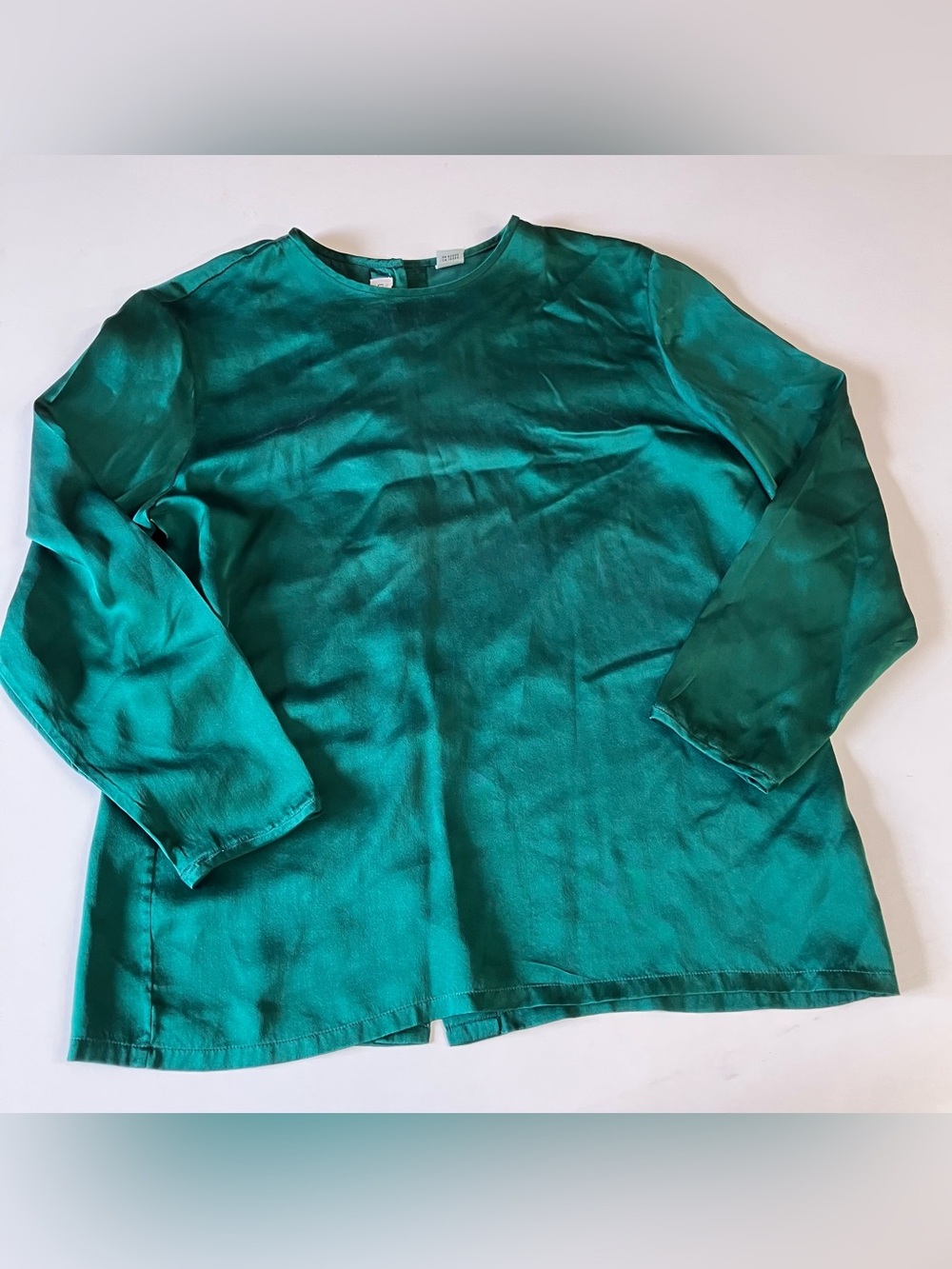 Women’s petite six green silk blouse buttons up the back Dana Bauchman petites
